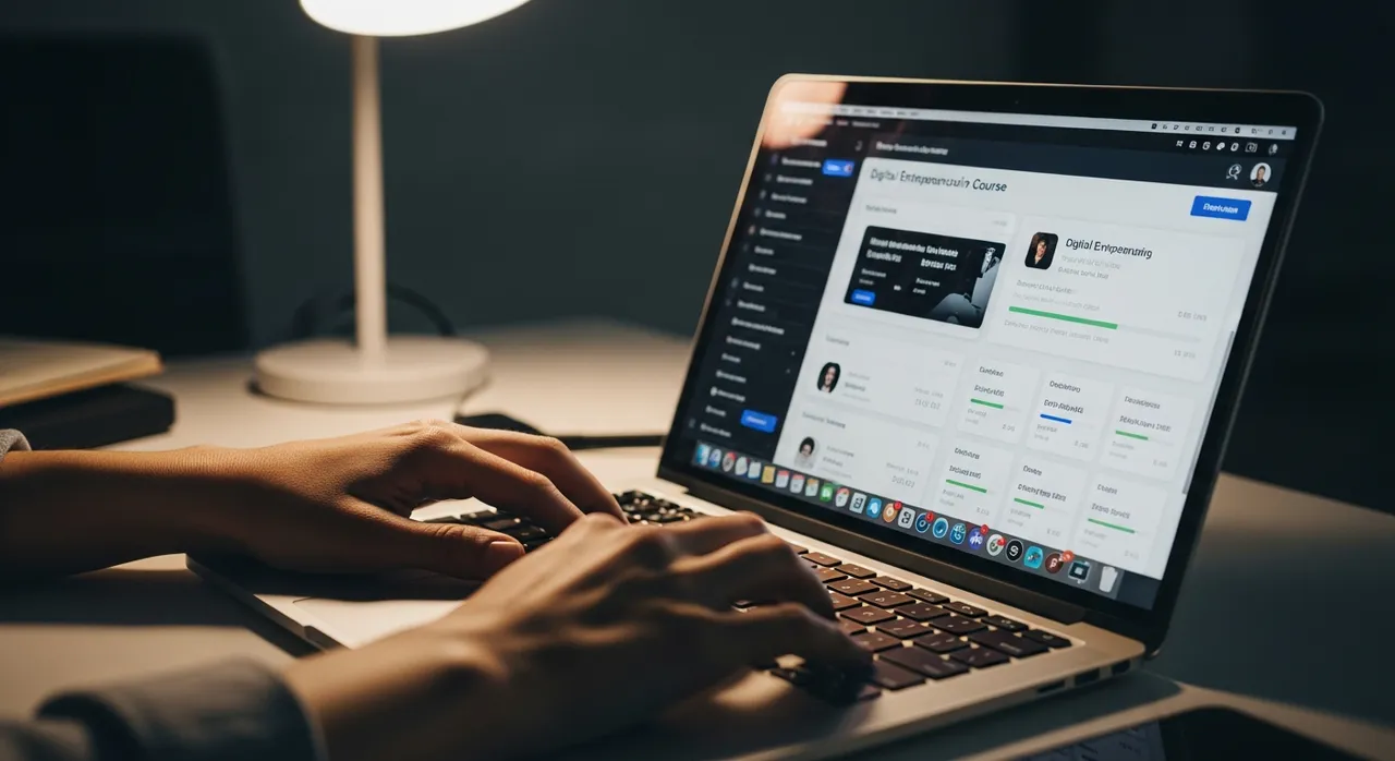 Student learning digital entrepreneurship on a MacBook with a course dashboard