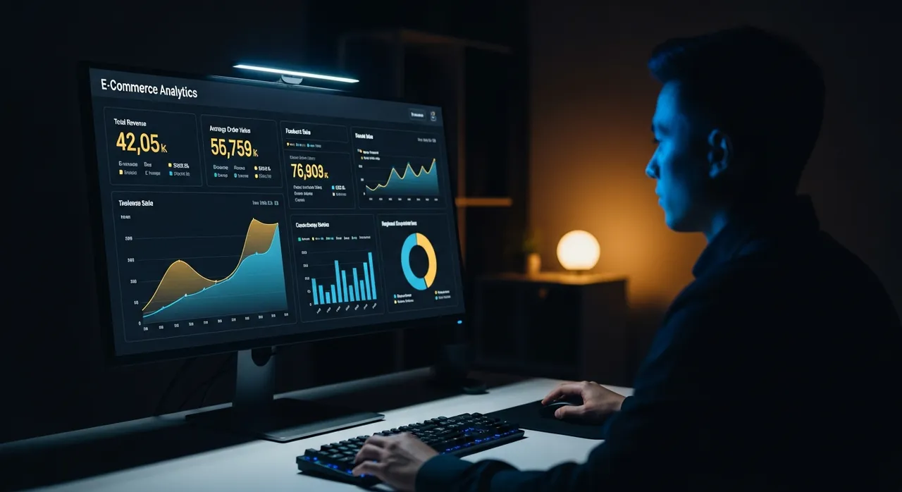 E-commerce analytics dashboard on monitor showing upward trending sales charts