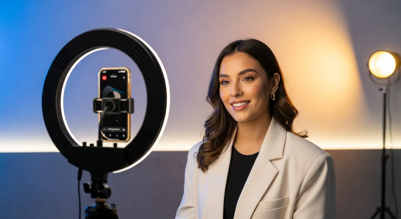 Young woman recording a social media video with ring light and phone tripod setup